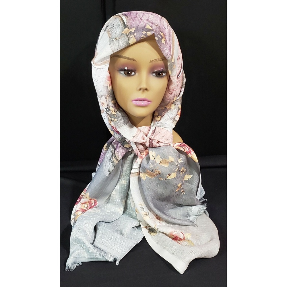 Sehr-i Sal Istanbul Turkish Turkey Gray Floral Muslim Hijab Head Scarf 72" x 30"